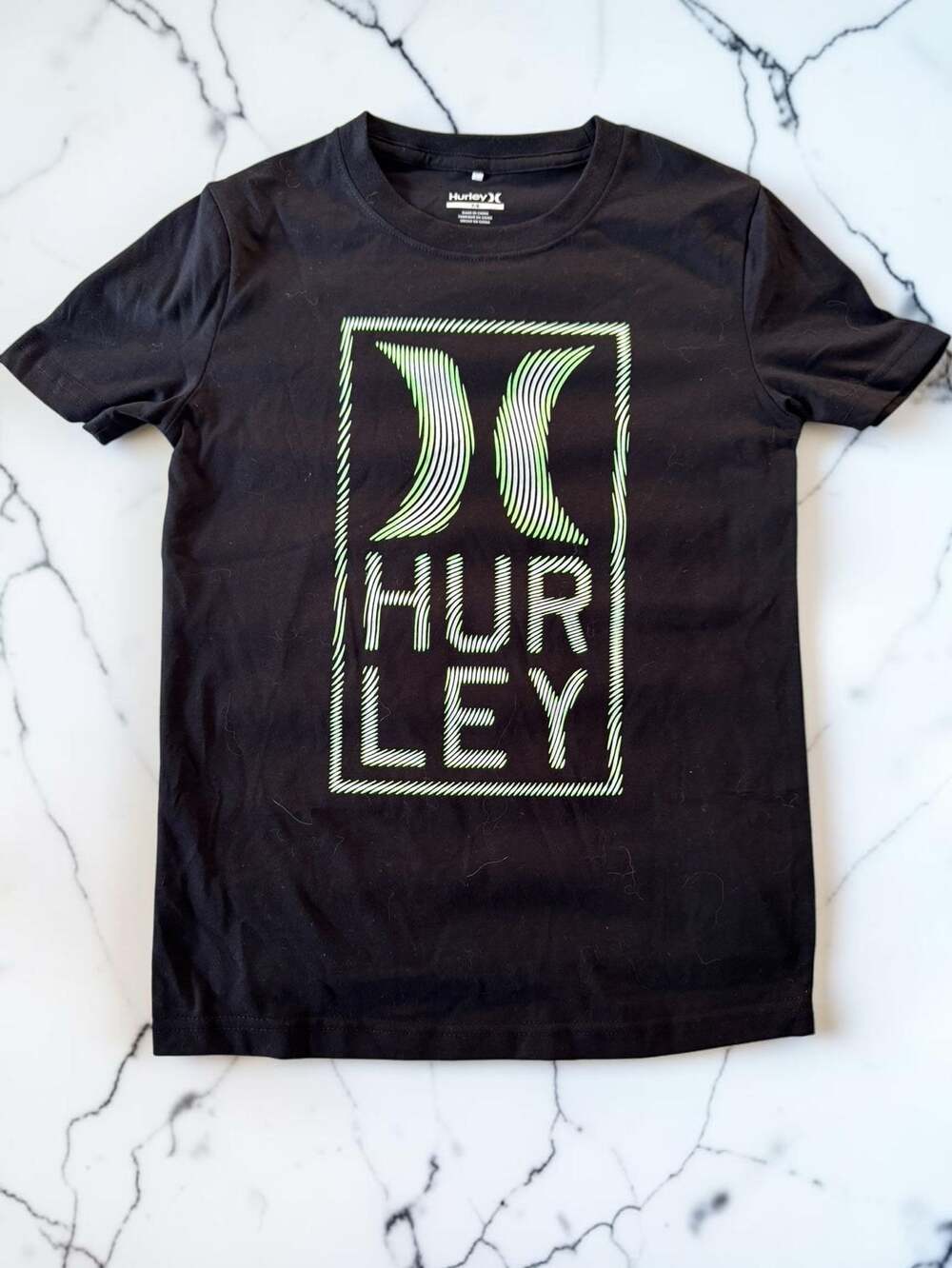 Hurley Boys Black Graphic Short Sleeve T-Shirt with Neon Green Logo Detail